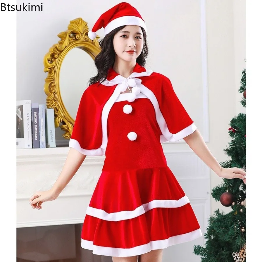 

2025 Girl Christmas Sets Xmas Lady Santa Claus Cosplay Costumes Winter Warm Dress Cloak Outfits Fashion Party Halloween Clothing