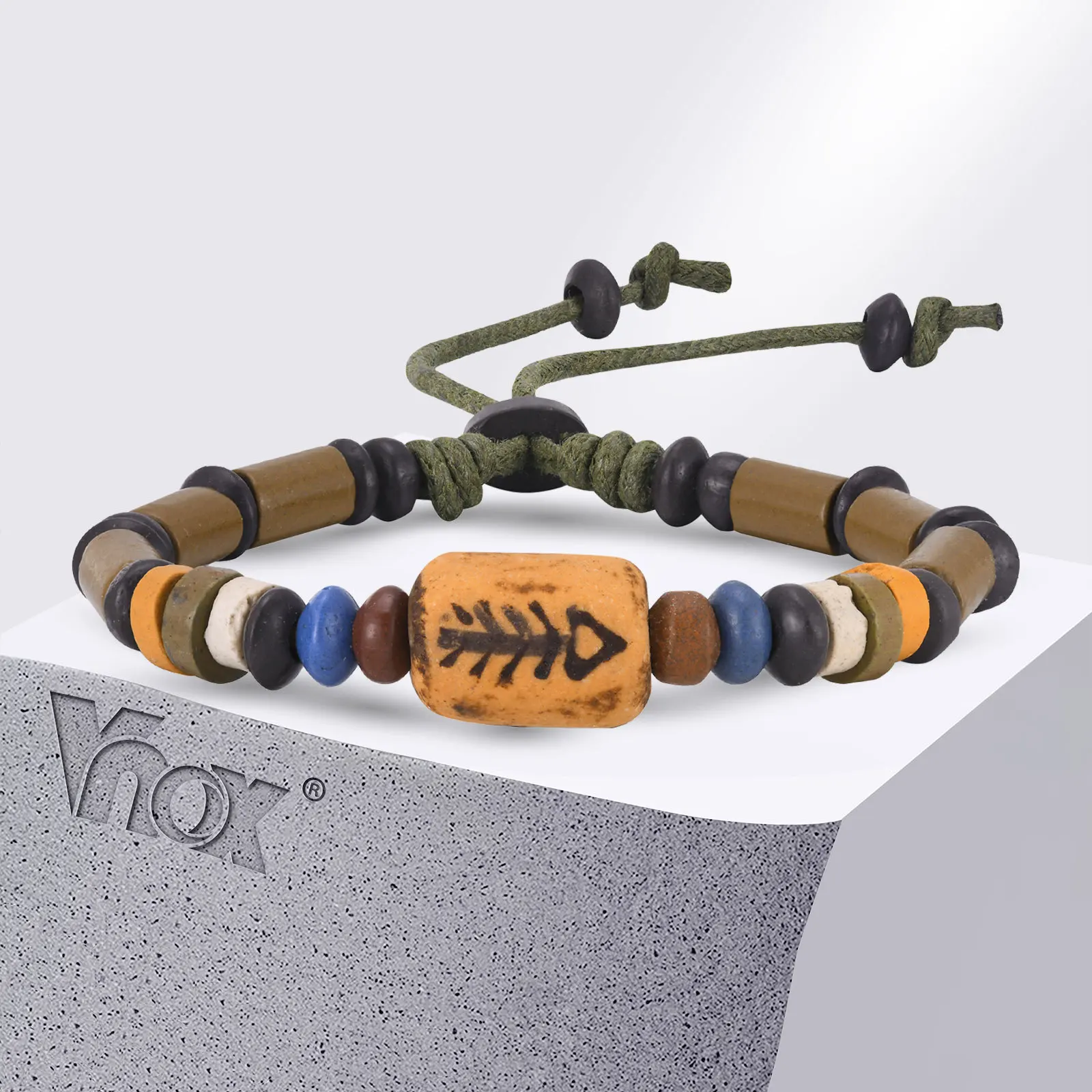 Vnox-pulsera de cuentas de hueso de pescado para hombre y mujer, brazalete Trible étnico Retro, joyería ajustable