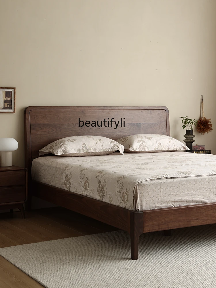 North America Black Walnut Log Solid Wood Bed Nordic Double  Master Bedroom Marriage Bed Modern Minimalist