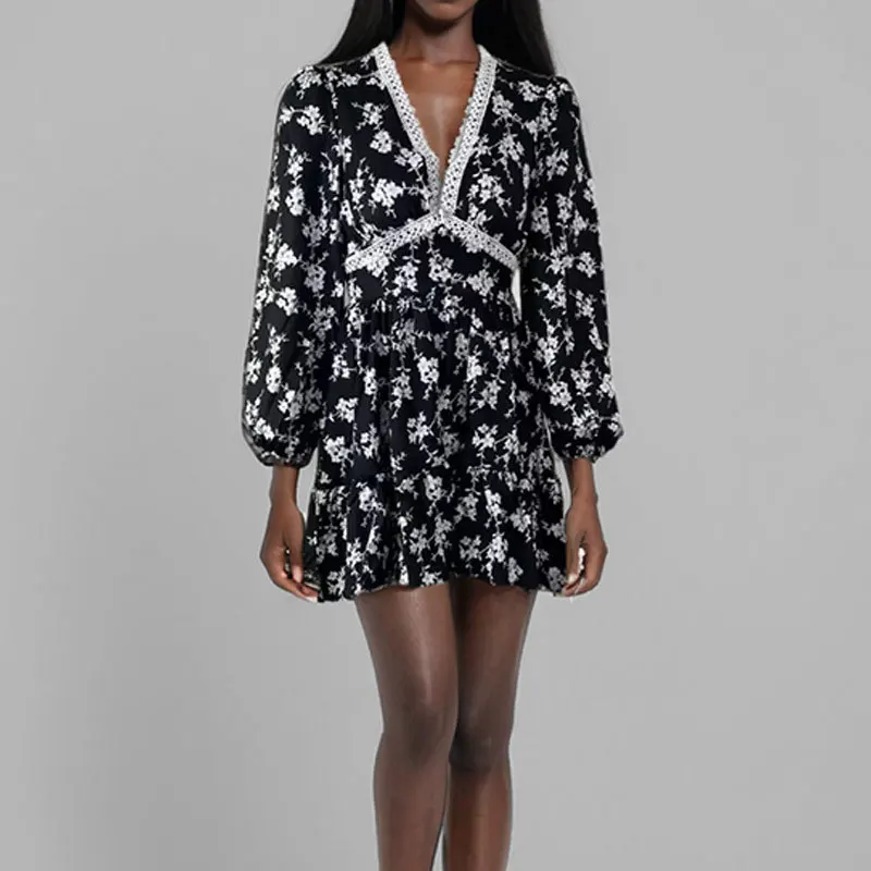 Fashion Flower Print Women's Dress Spring Summer Sexy V-neck Ruffles Lace Elegant Dress For Women Vacation Slim A-line Dresses