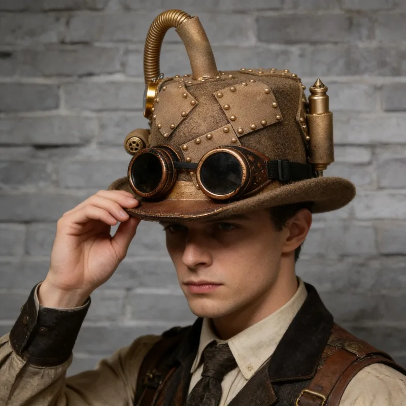 

Шляпа-фрак в стиле стимпанк с компасом, латунными деталями, очками и шестернями — реквизит для косплея в викторианском индустриальном стиле