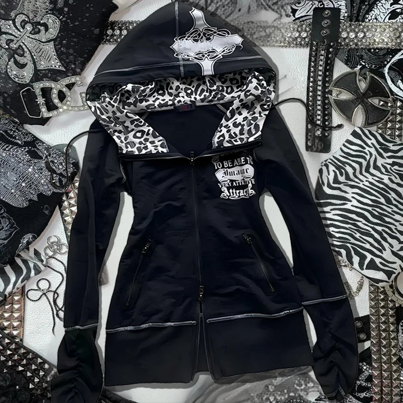 النمط الأوروبي والأمريكي عيد الفصح عبر طباعة ليوبارد طباعة طويلة الأكمام هوديي سليم صالح فتاة حار الاتجاه Harajuku القوطية Y2K #1