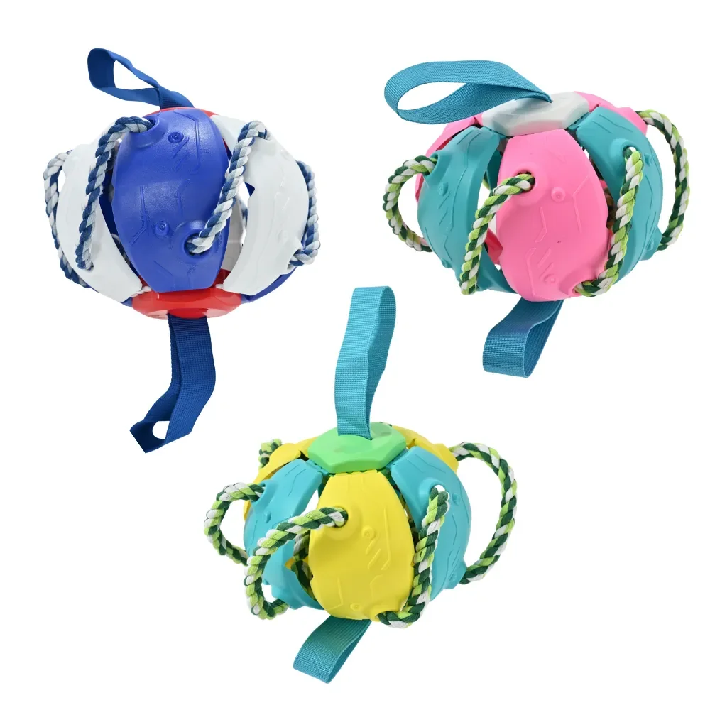 8PCS/Carton 8 Colors Mixed Interactive Dog Ball Frisbee Toy Cotton Rope Chew Tug Toy Convertible Fetch Training Toy for Dogs Wholesale
