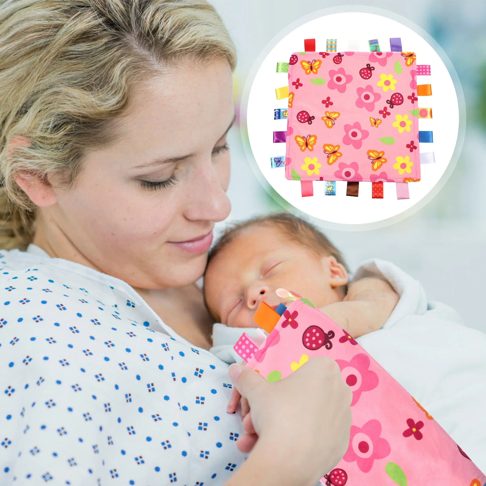 

1Pcs Pink Flower Baby Blanket with Colorful Tags Sensory Security Comforter Blanket for Infant Security Comforter
