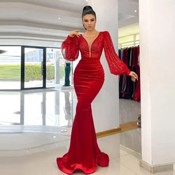 Elegant Red Mermaid Women Evening Dresses Sexy Deep V-Neck Long Sleeves Ball Gowns Princess Celebrity Party Vestidos De Noche