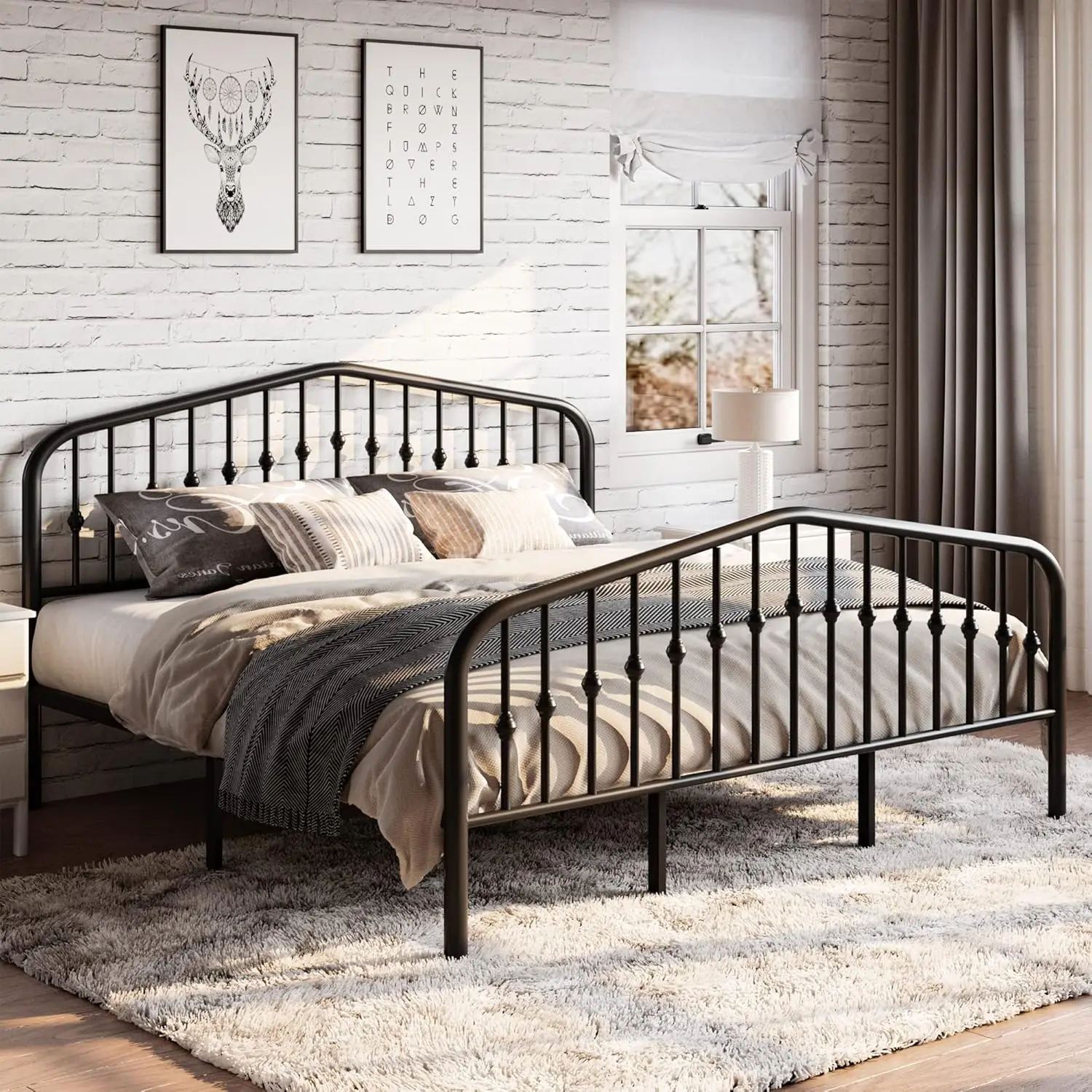 King Size Metal Platform Bed Frame With Victorian Style Wrought Iron-Art Headboard/Footboard, No Box Spring Required, Black