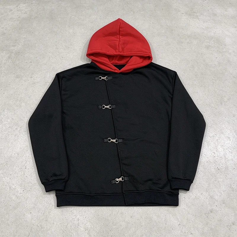 Autumn New Men Black And Red Contrasting Hoodie With Metal Buckle Decoration Loose Streetwear Fashionable Casual Cardigan Jacket
