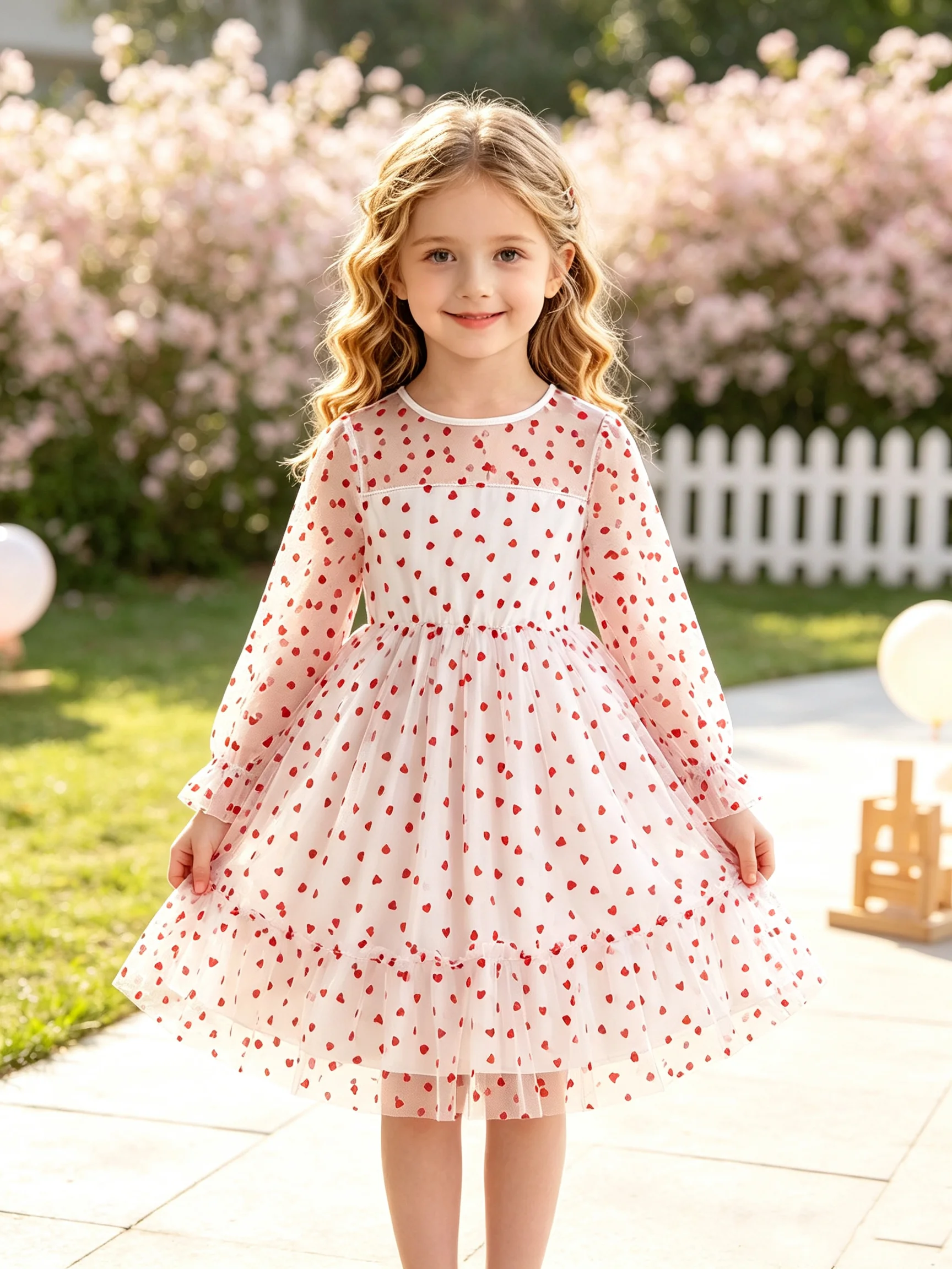 Lässiges, elegantes und bequemes zweilagiges langärmeliges Faltenrockkleid für Kinder mit Trompetenmuster. – Detail 2