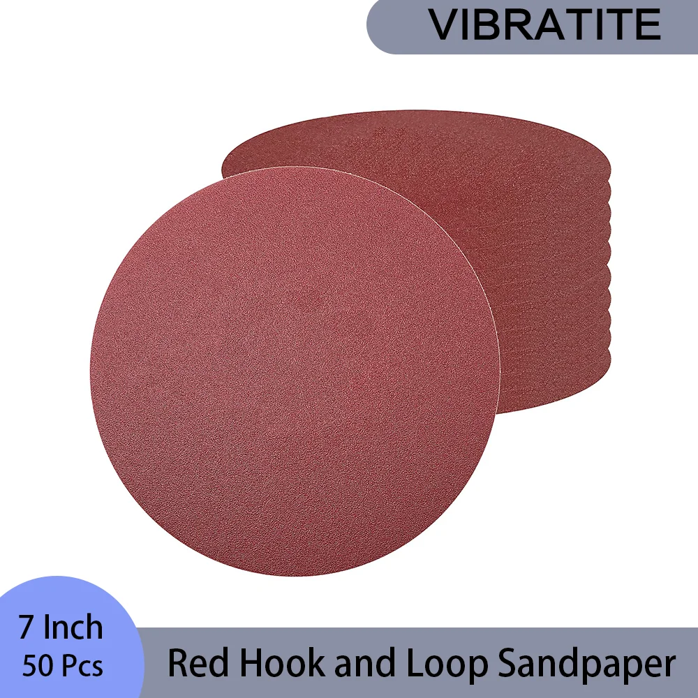 7 Inch Red Sandpaper 50 Pcs Assorted 60/80/120/180/240 Grits Hook and Loop Sanding Paper for Material Removal and Resurfacing