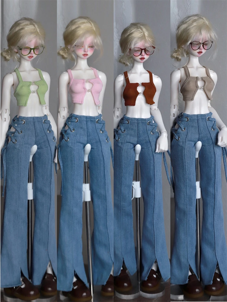 D09-P287 children handmade toy   1/4 MSD 1/3 BJD Doll Waist exposed pearl strap Lace up denim flared pants