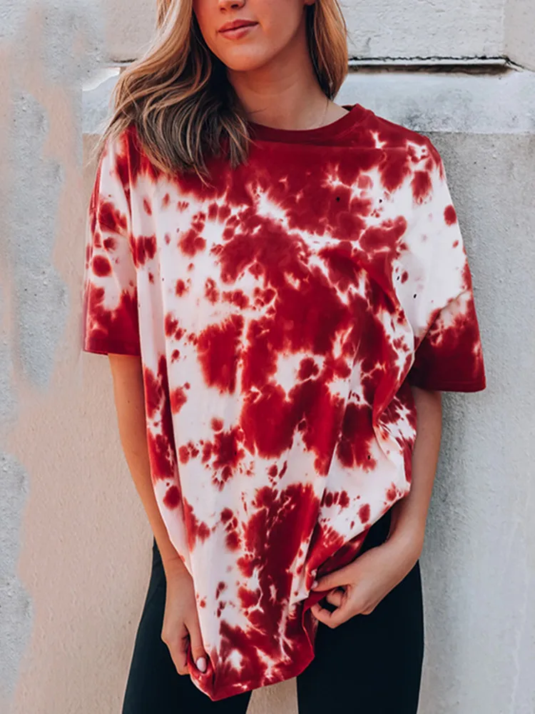 Summer Loose Oversize Crew Neck T-shirt Female Y2K Tie-dyed Red Basic Pullover T-shirt Fashion Streetwear