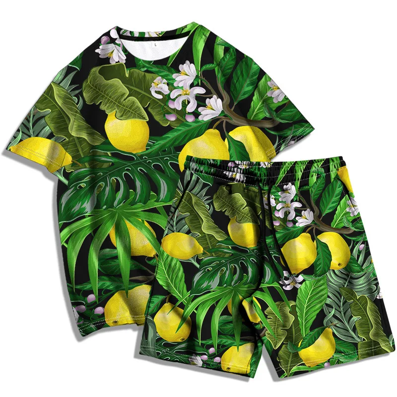 Tropical Plant Heren Set Trainingspak Oversized 3d Print Korte Streetwear Trainingspak 2 Stuks T-Shirt + Korte Broek Set Herenkleding