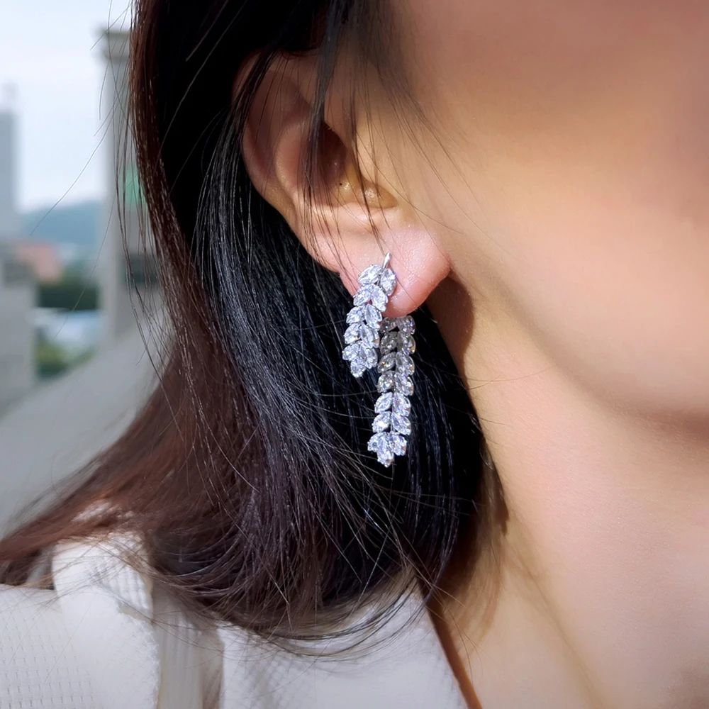 BeaQueen Sparkling White Cubic Zirconia Silver Plated Long Leaf Dangle Earrings for Women Engagement Wedding Party Jewelry E717