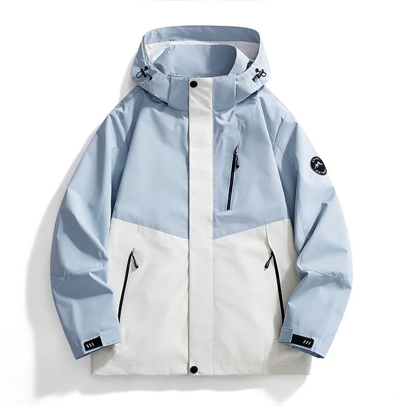 Men's Color Block Hiking Jacket Windproof Waterproof Hooded Outdoor Coat Zipper Pockets Camping Climbing Windbreaker Couple Outw