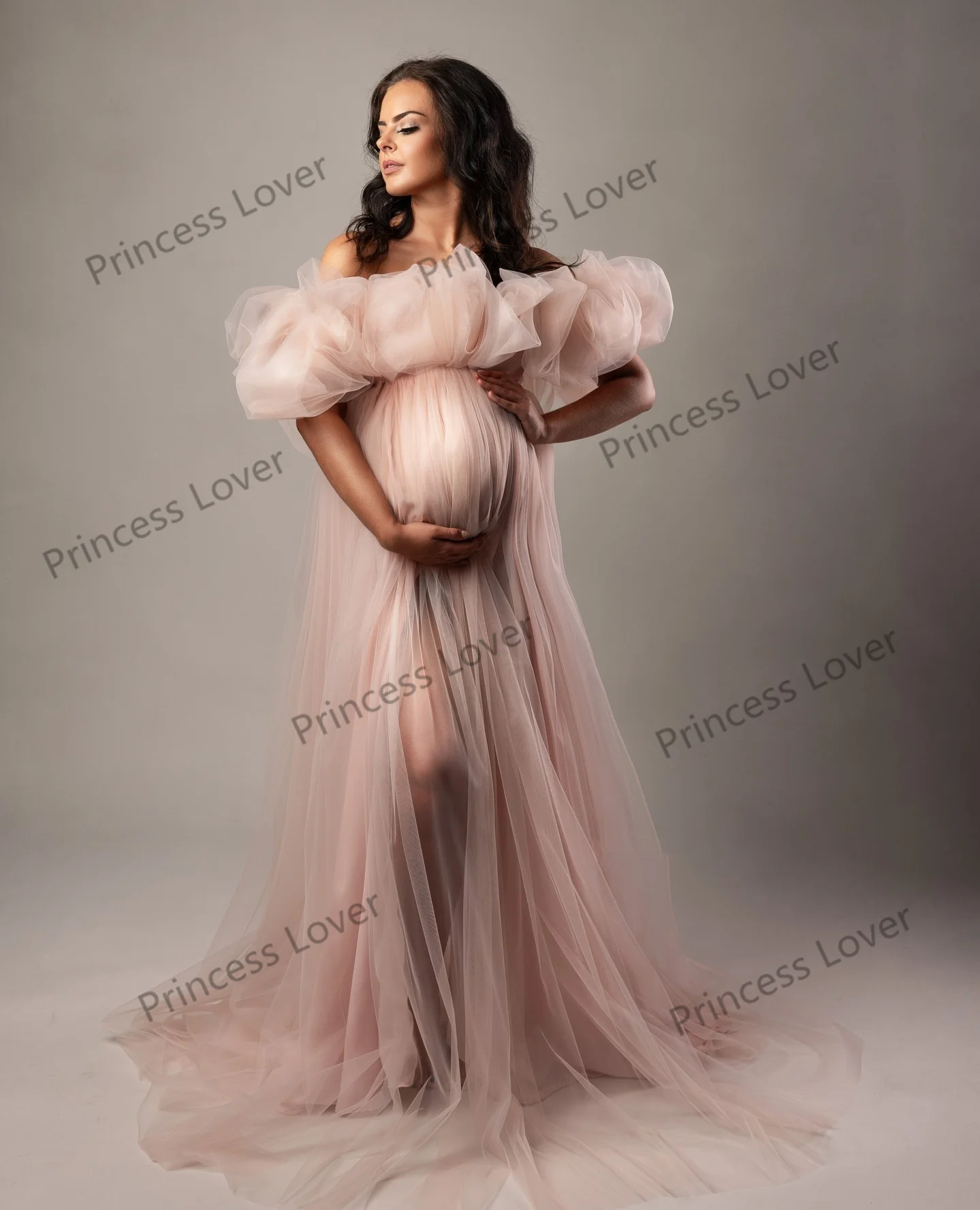 Off the Shoulder Tulle Prom Dresses with Slit Maternity Photography Dressing Gown Women Baby Shower Dress Lined