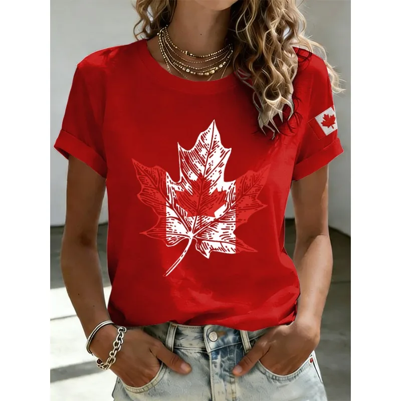 Ilstile Women's Canada Flag Maple Leaf Print T-Shirts Summer Loose Tops Short-Sleeve Casual Loose-Fit Crew Neck Tees New Arrival