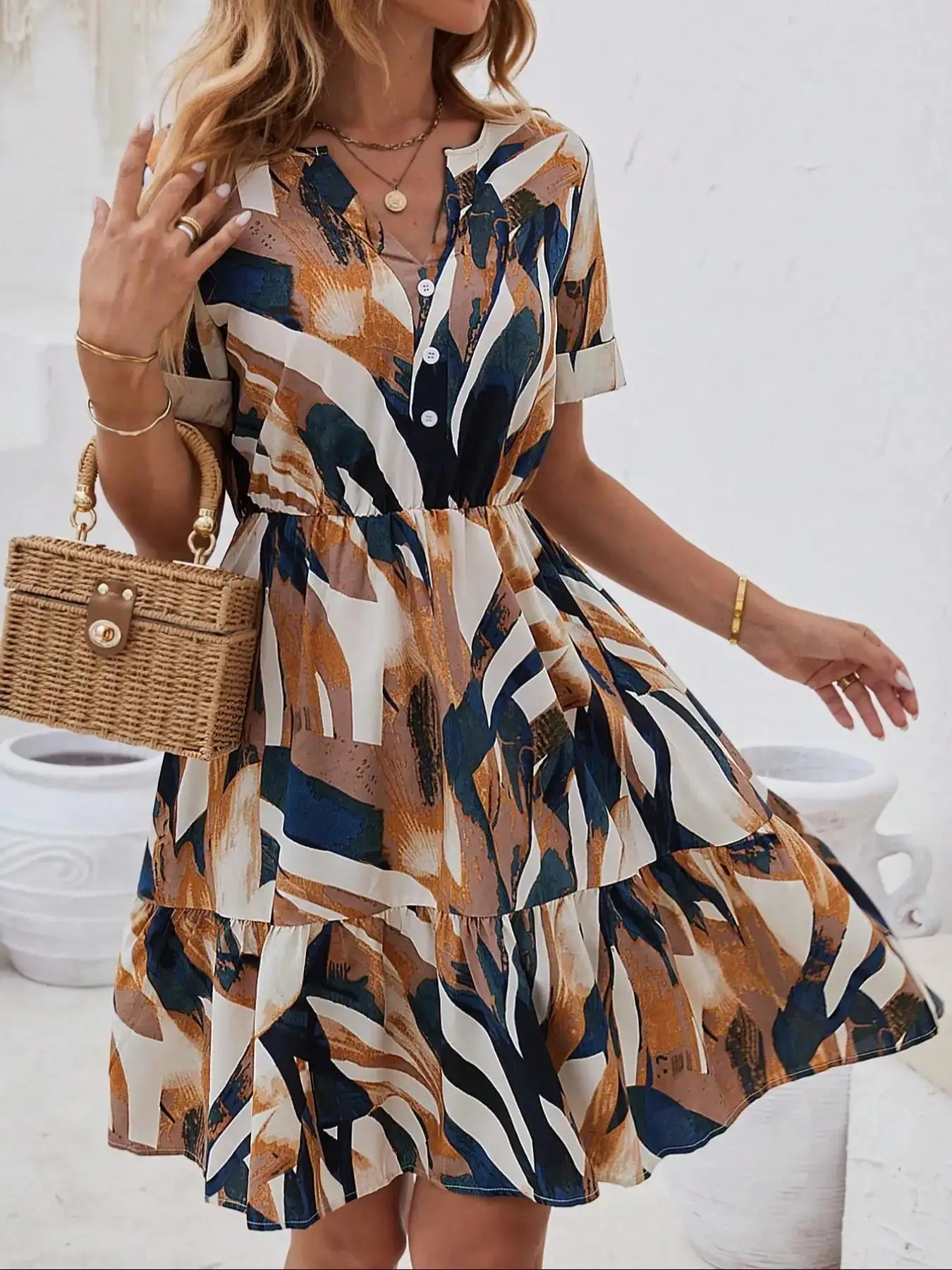 فستان نسائي برقبة على شكل V مطبوع بالكامل، فستان كاجوال على الموضة بوهو لملابس العطلات اليومية والعطلات، فستان للسيدات للصيف