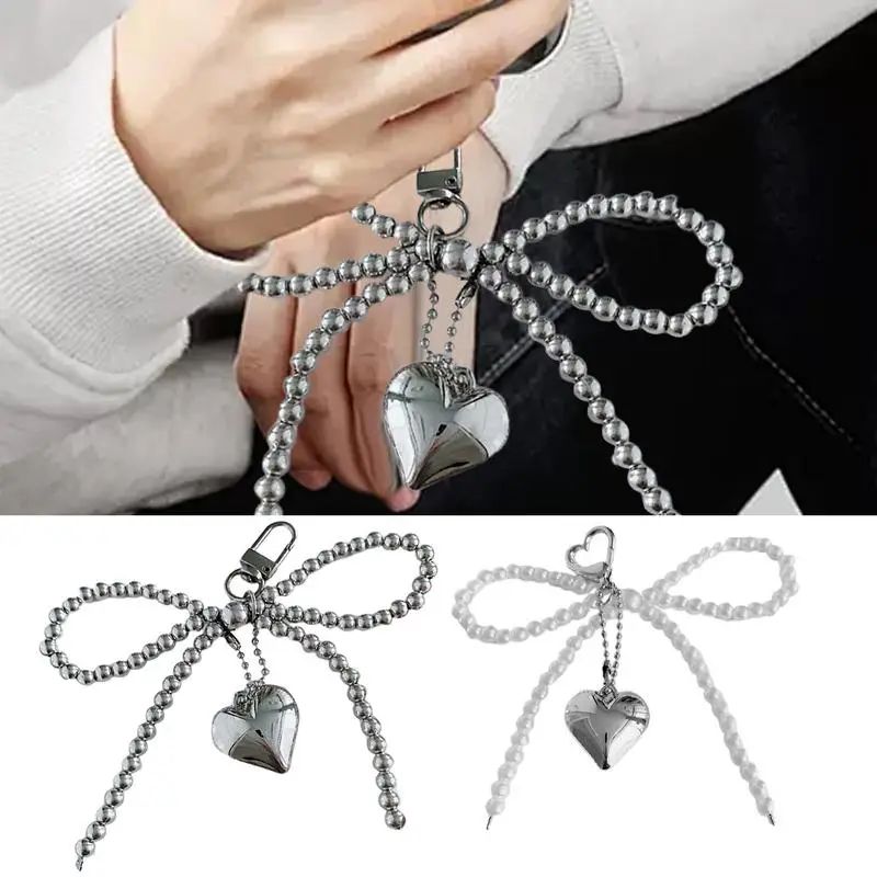 Cute Bow Pearl Mobile Phone Pendant Chain Fashionable Heart Shape Pendant Mobile Phone Accessories Camera Bag Keychain