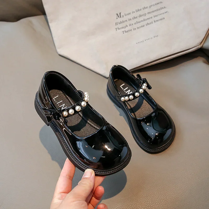 Children Loafers for Girl Black Glossy Spring Autumn Uniform School Leather Shoes Pearls Round-toe Kids Shoes Simple All-match