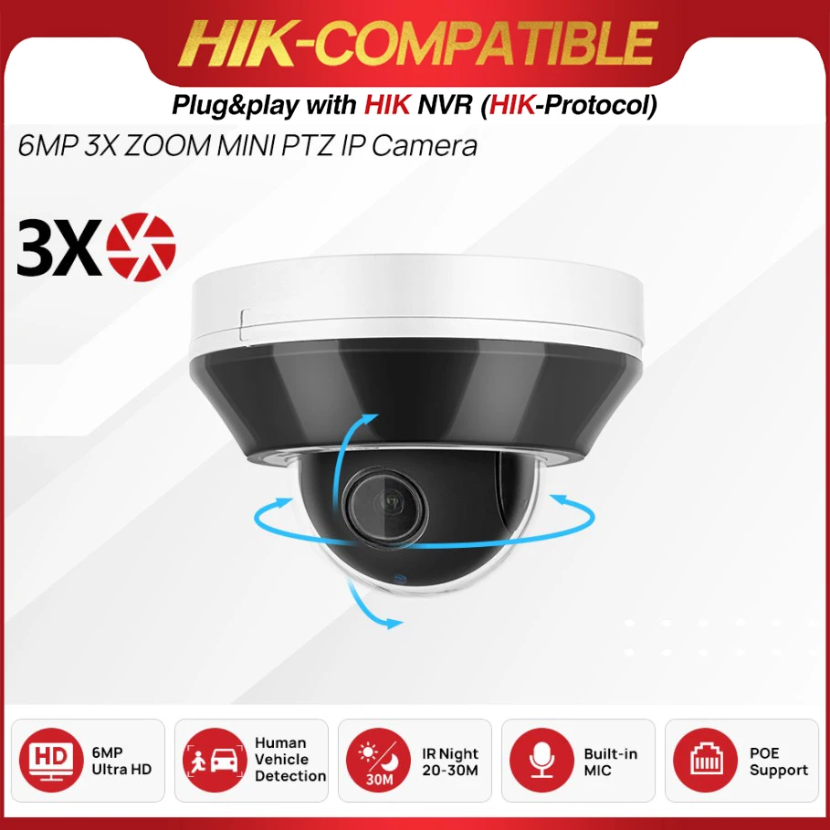 6MP POE PTZ Security Camera Dome 3X Optical Zoom 2.8-8MM Human & Vehicle Detection Built-in Mic Video Surveillance Cameras IP66