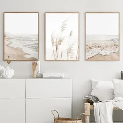 Boho Neutral Beach Coastal Pampas Grass Ocean Landscape Minimalist Wall Art Poster Print Canvas Painting Wall Picture Home Decor