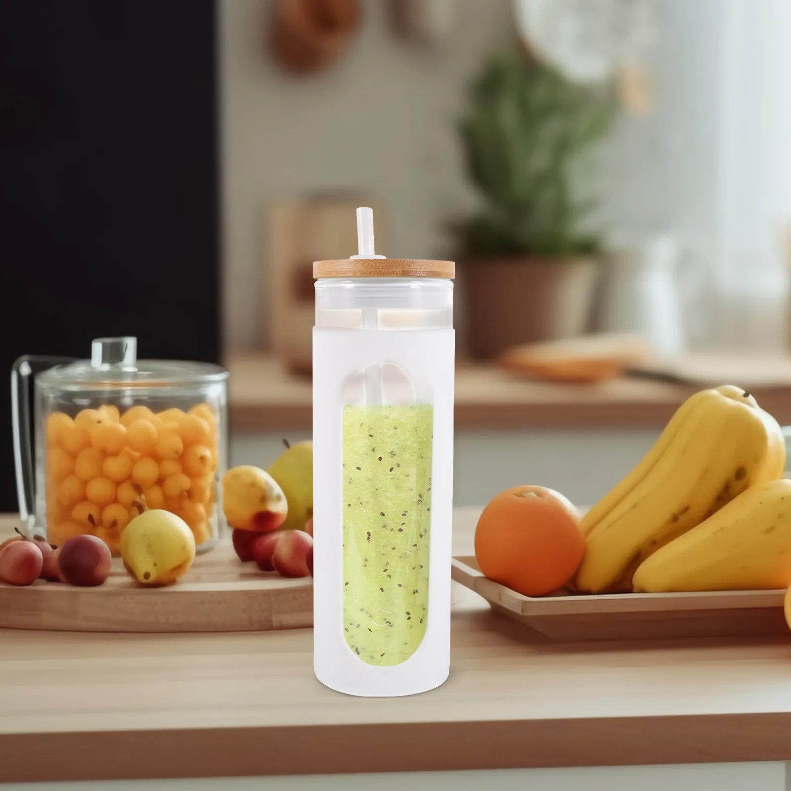 

Набор из 1 многофункциональной стеклянной кружки с крышкой из бамбука и силикона, контейнер для хранения сока, молока, газировки, воды, подарочная стеклянная бутылка для воды