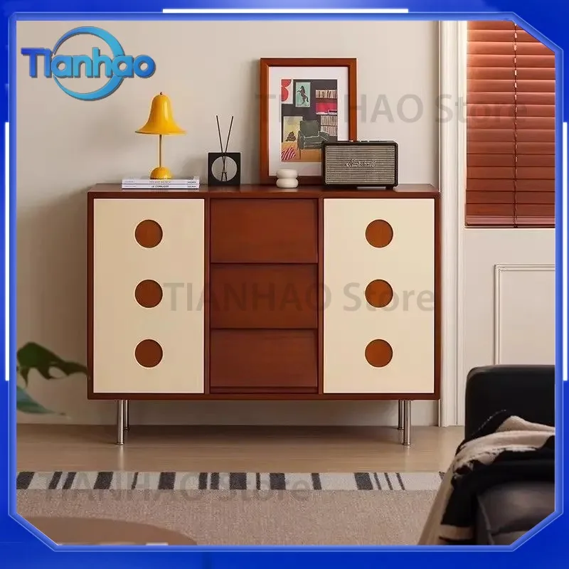For Medieval Solid Wood Dining Side Cabinet Living Room Bauhaus Multi-Functional Color Matching Storage Locker Bedroom Small