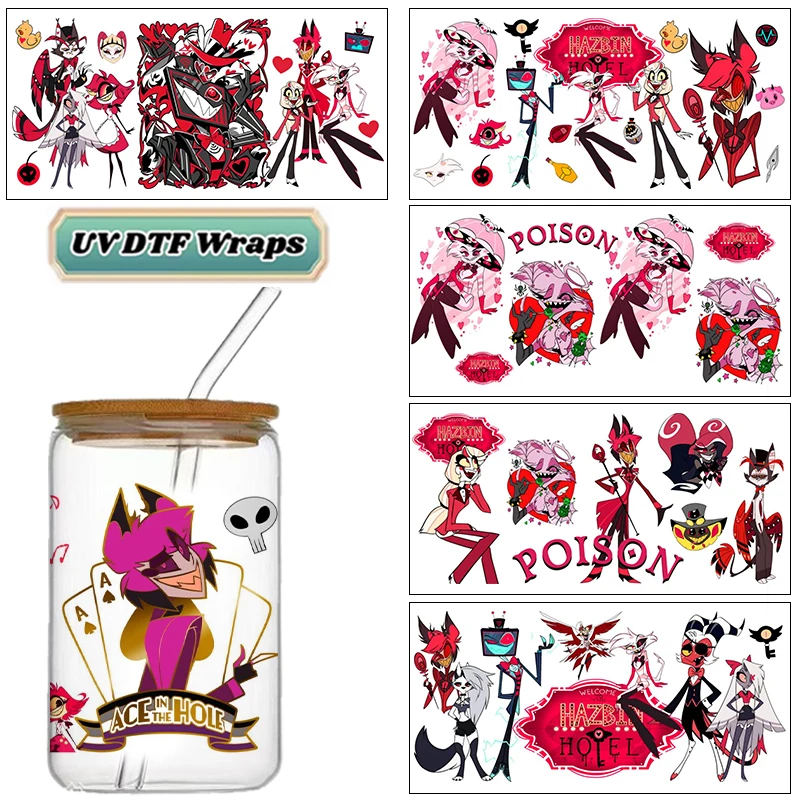 Red Demon Cartoon Hotel UV DTF Wraps, Gothic Hell Themed Stickers for 16oz Glass Cans, Waterproof DIY Transfer Decals