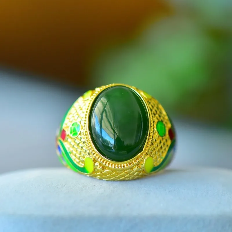 

Exquisite Copper Inlaid Hetian Jade Jasper Enamel Women's Ring