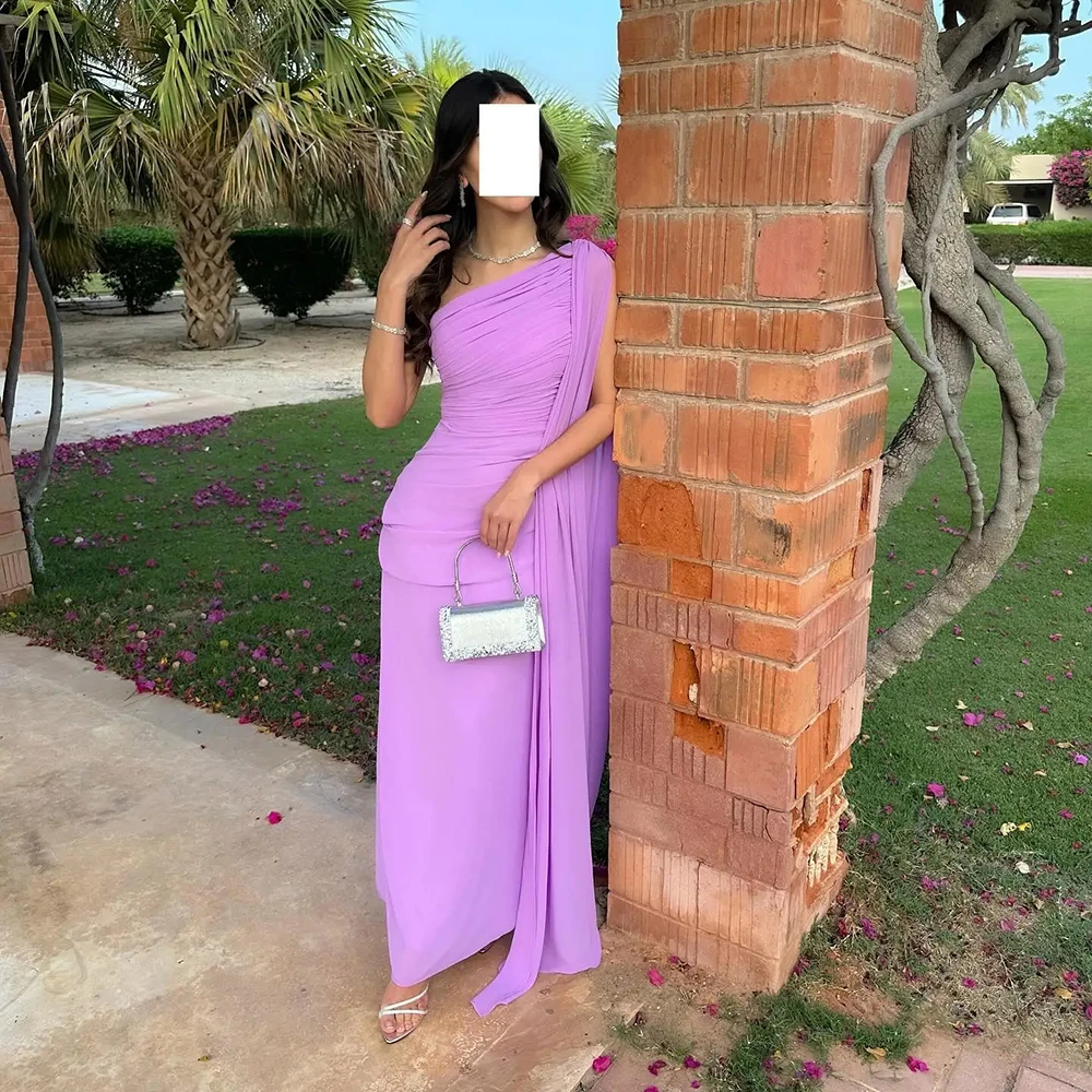 

Customized Yipeisha Elegant Purple Prom Dresses With Sweep Train Pleat Ankle Length Party Gowns One-Shoulder Ruffled Special Occ