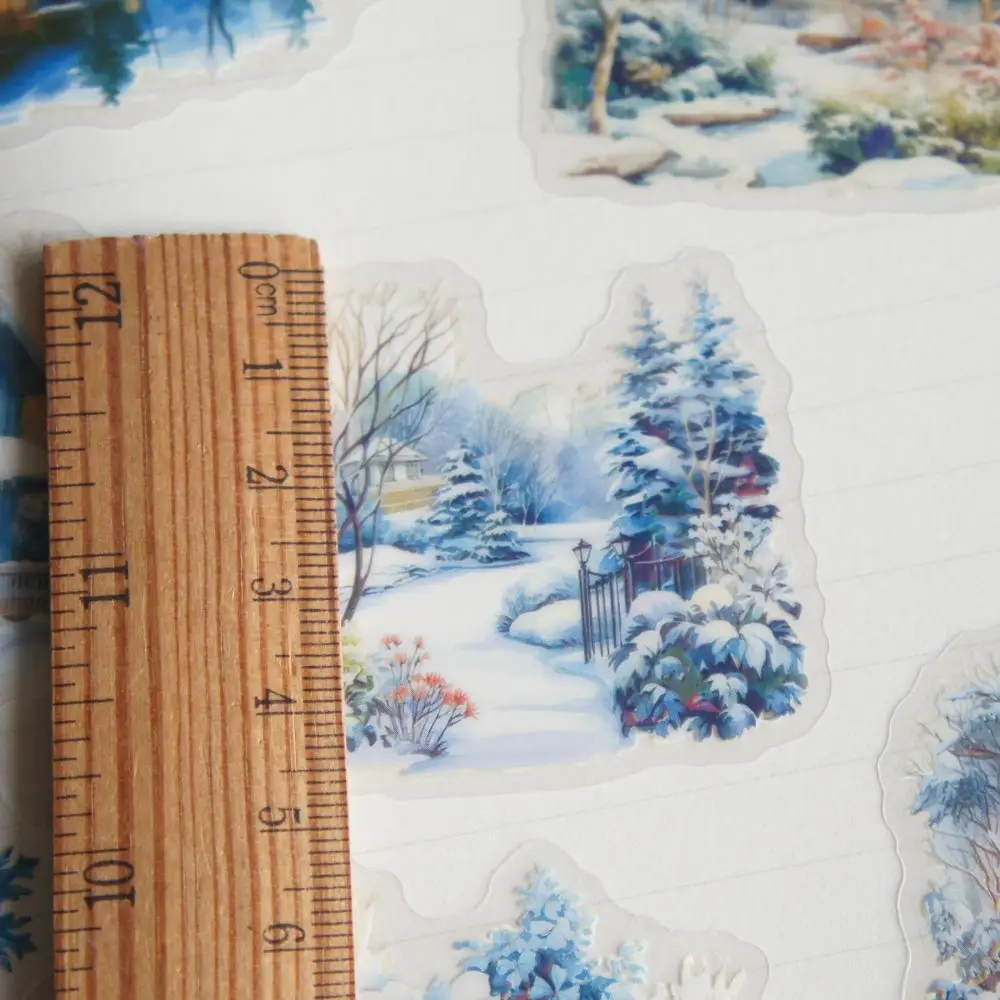 10 Pcs Forest Scenery in Winter Blue Castle Log Cabin Christmas Snow Style PVC Sticker Scrapbooking DIY Gift Decoration Tag