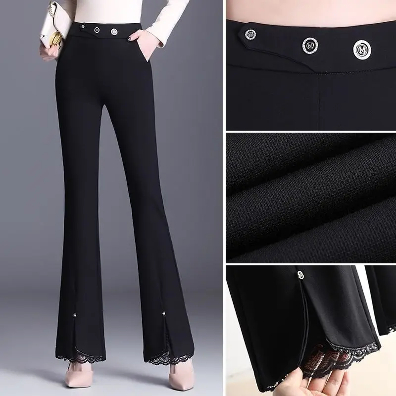 Spring Autumn Women 2022 New Commute Button Elastic Waist Fashion Foot Mouth Splicing Lace Black Pockets Split Straight Trousers