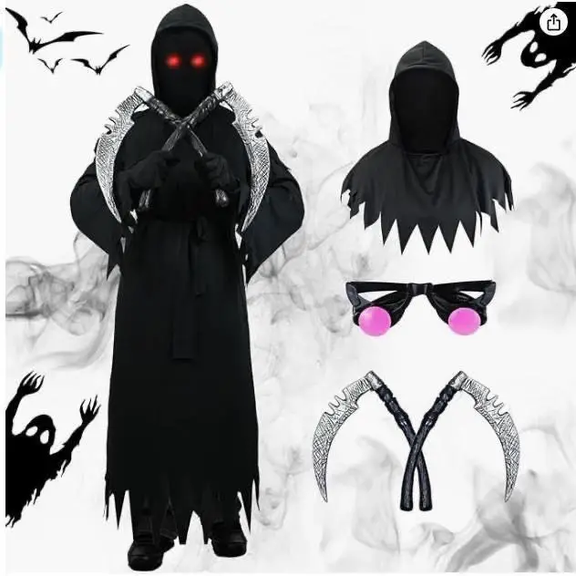 Halloween Kids Ghost Costume Glowing Red Eyes Black Hooded Robe Scythe Props Boys Scary Reaper Cosplay Party Fancy Dress Outfit