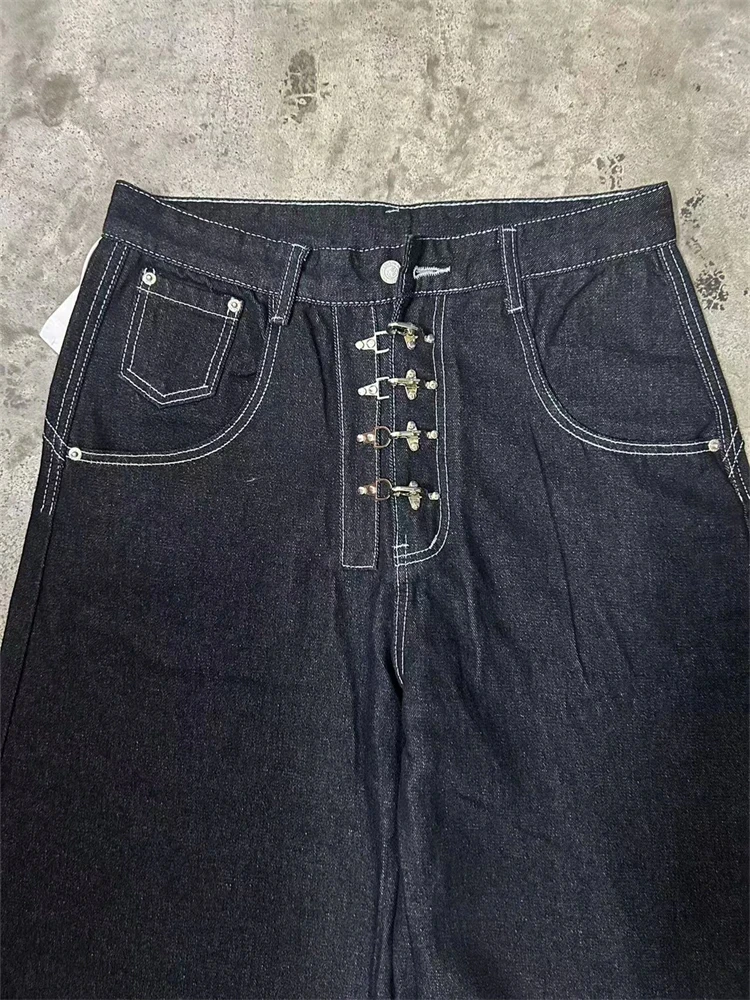 جينز عتيق بإبزيم معدني مغسول منحني واسع الساق جينز نسائي عالي الخصر مستقيم فضفاض من قماش الدنيم موضة الشارع جينز تنظيف #6