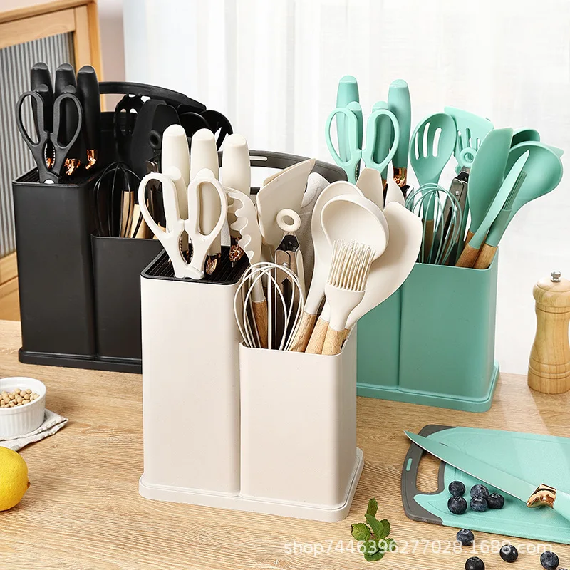 

Silicone Kitchenware 19 Piece Set with Wooden Handle Colorful Cooking Spoon Spatula Knives for Storage High Quality Kitchen