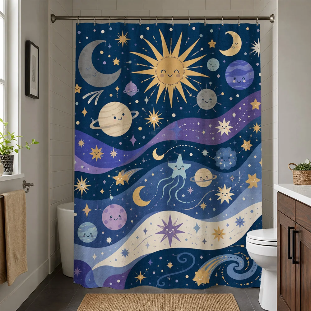 Celestial Galaxy Shower Curtain Bathroom Decor Stars Moon Planets Space Nursery Shower Curtain