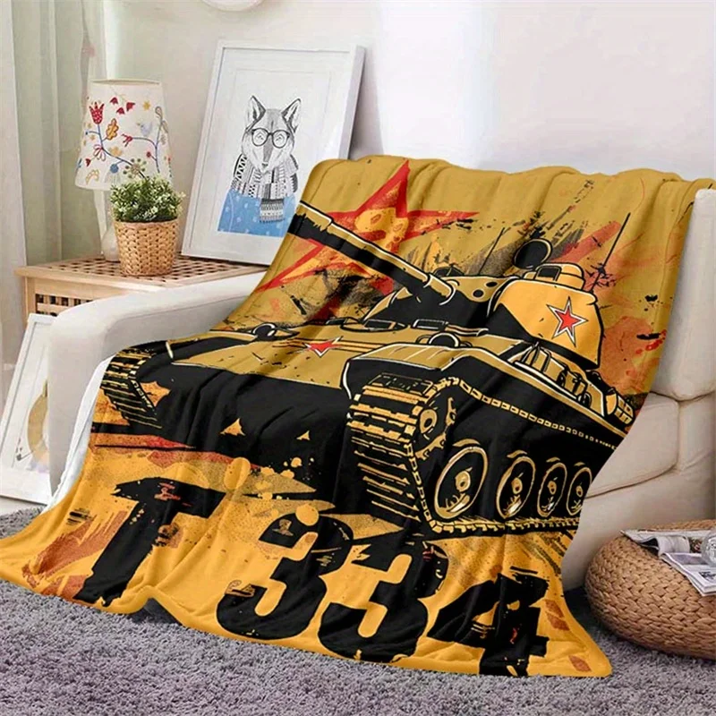 Retro War Style T34 Battle Tank Red Star Military Element Graffiti Pattern Flannel Fleece Blanket Warm Plush Bed for Living Room