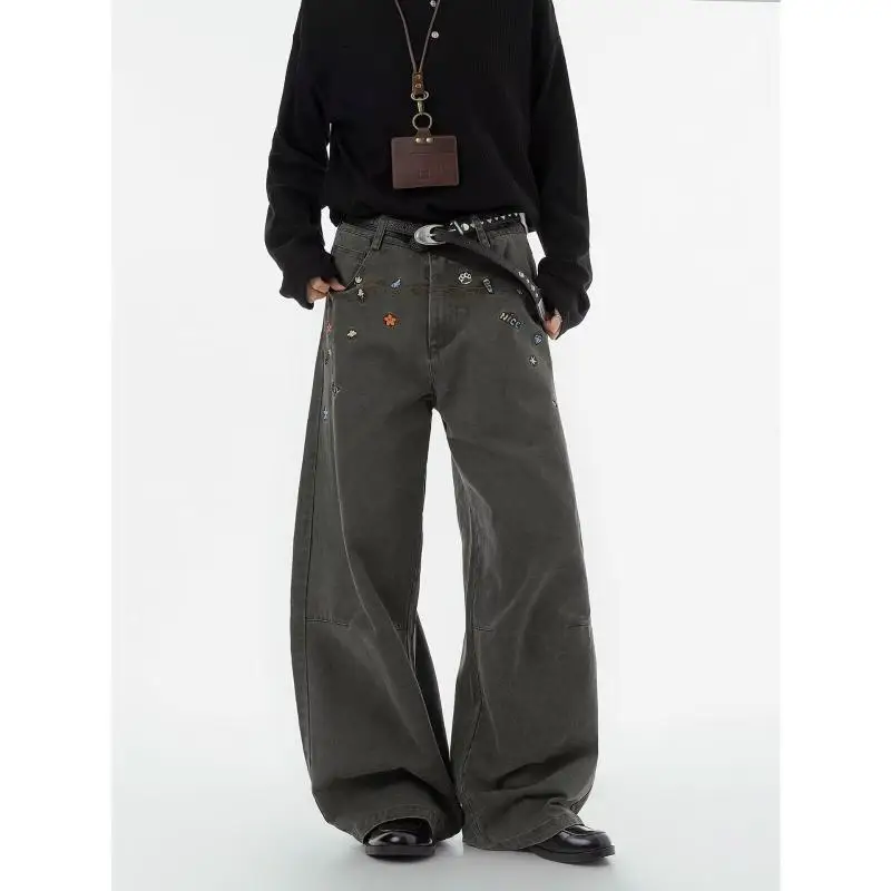Men's Fashionable Embroidery Patterns Casual Pants Retro Bottom Boys Wide Legs Thin Sweatpants Male High Waist Loose Trousers
