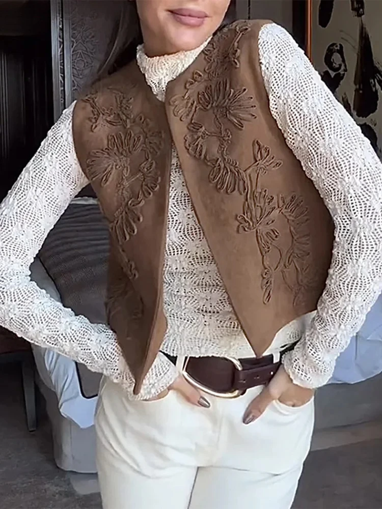 

Retro Embroidery Solid Vest Women O-neck Sleeveless Female All-match Cardigan Spring Summer Lady High Street Outwears New