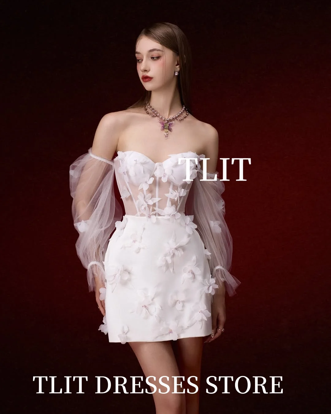 Eleganckie białe suknie ślubne z krótkim dołem, aplikacjami kwiatowymi, dekoltem w serce, odpinanymi tiulowymi rękawami, suknia ślubna Robe De Mariée szyta na miarę.