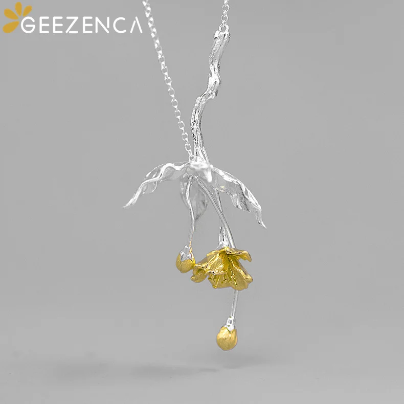 GEEZENCA 925 Sterling Silver Two Tone Plated Begonia Flower Pendant Necklace For Women Aesthetic Elegant Short Necklaces Gift