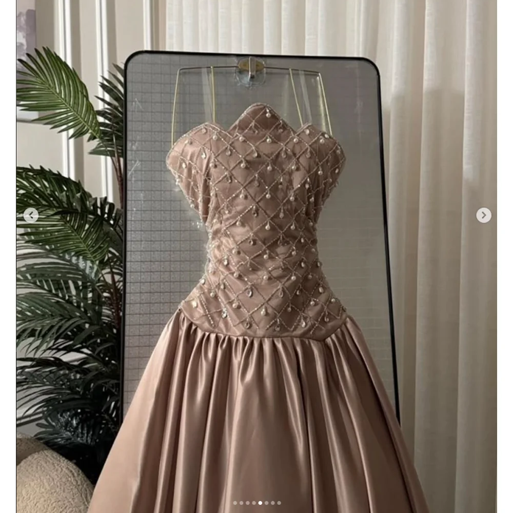 Customized Nude Satin Ball Gown Strapless Scallop Sweetheart Grid Crystal Beaded Fitted Corset Flared Floor Evening Gown view 4