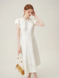 FSLE Women White Long Dress Short Flower Bud Sleeve X-LINE Office Lady Polyester Long Asymmetry Solid Women Dress 24FS18011