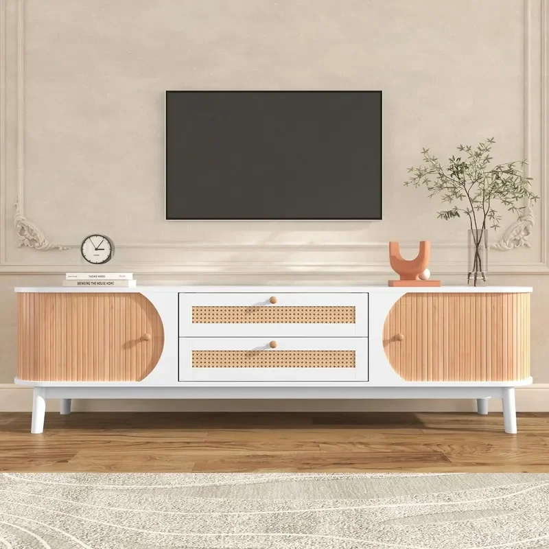 for New Custom Pastoral White Living Room Multi Function TV Cabinet with Primary Color Rolling Shutter Door and Rattan Drawer