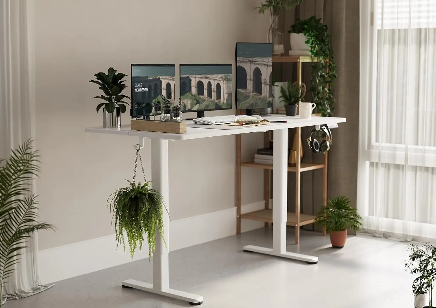 Electric Height Adjustable Standing Desk 55x24 Inch White Smooth Adjustment 3 Presets Cable Management Hub Hook Steel Frame 176l