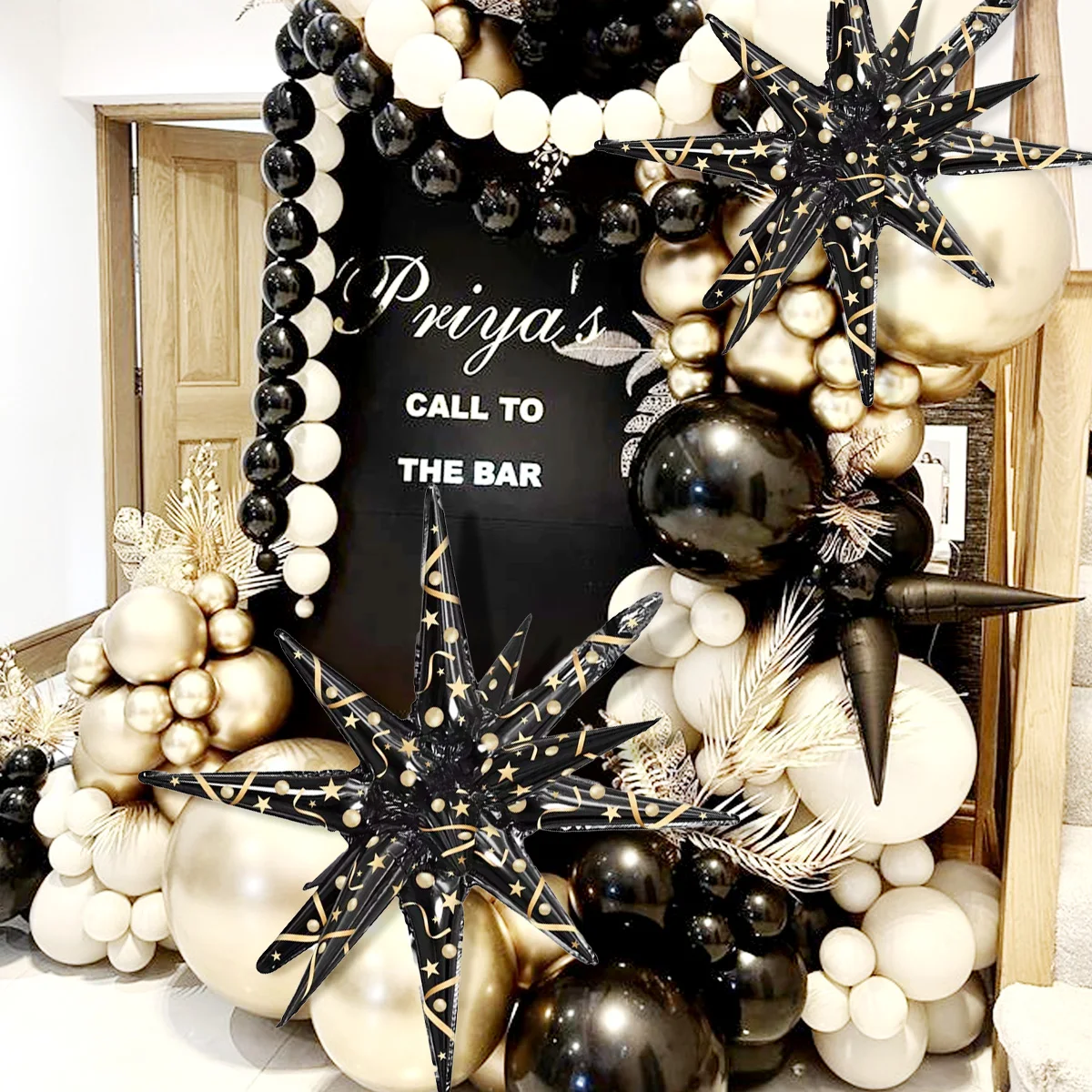 2/4 قطع من بالونات النجوم المتفجرة باللونين الأسود والذهبي، بالونات مخروطية متفجرة، نمط شريط ترتر ذهبي، ديكور السنة الجديدة "2026" #4