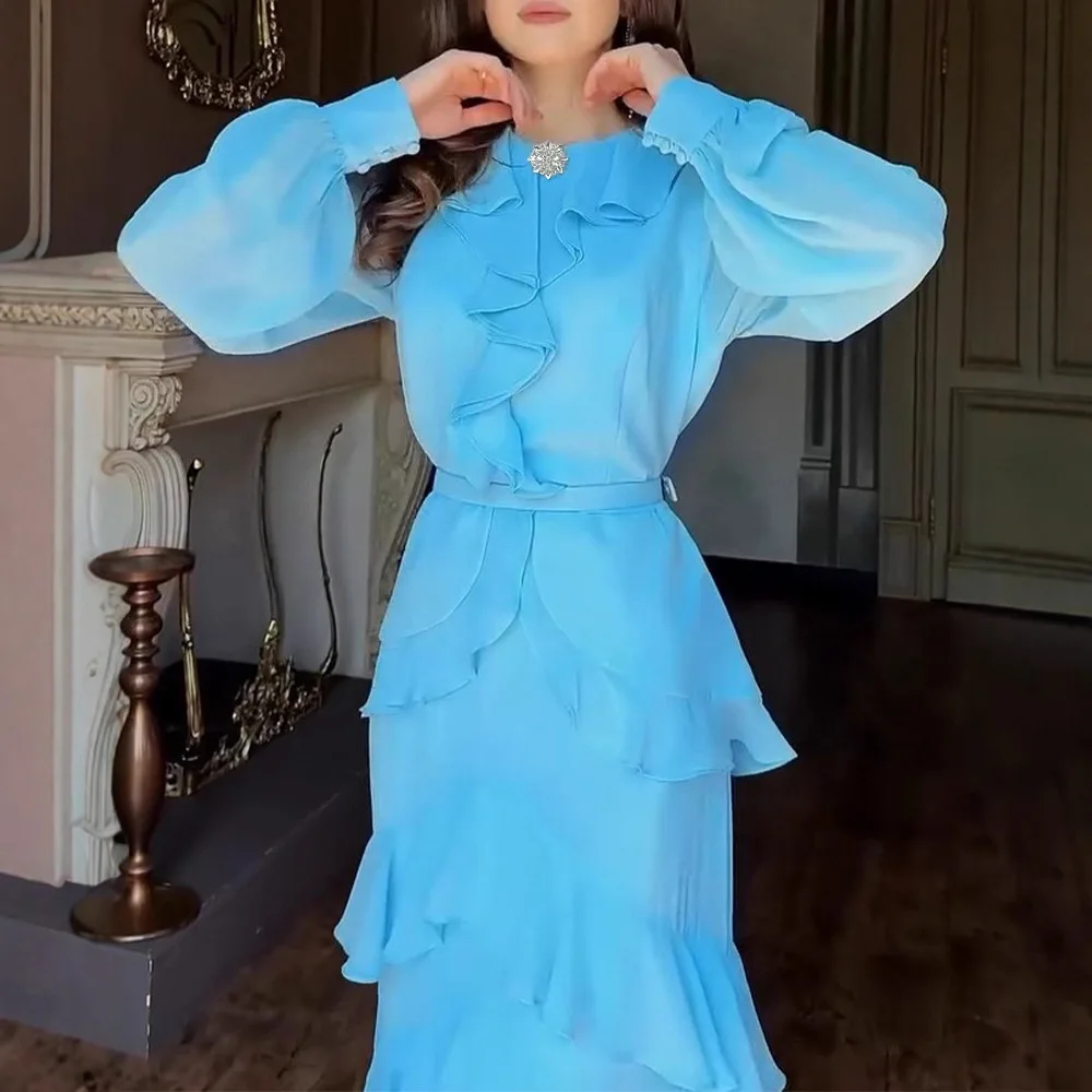 Estilo francês strass em torno do pescoço lanterna manga assimétrico vestido com zíper voltar em camadas plissado chiffon vestido de noite com cinto