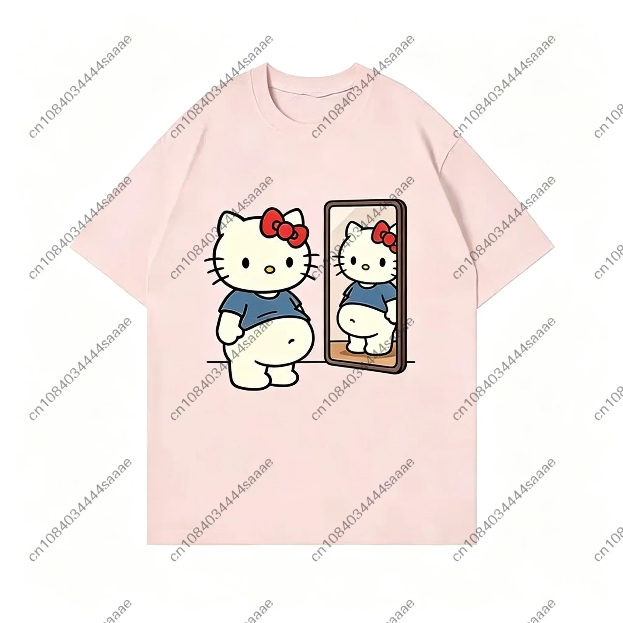 2026 New Kawaii Mirror Print Oversized T-shirt Women Y2K Streetwear Harajuku Casual Short Sleeve Daily Casual Tee