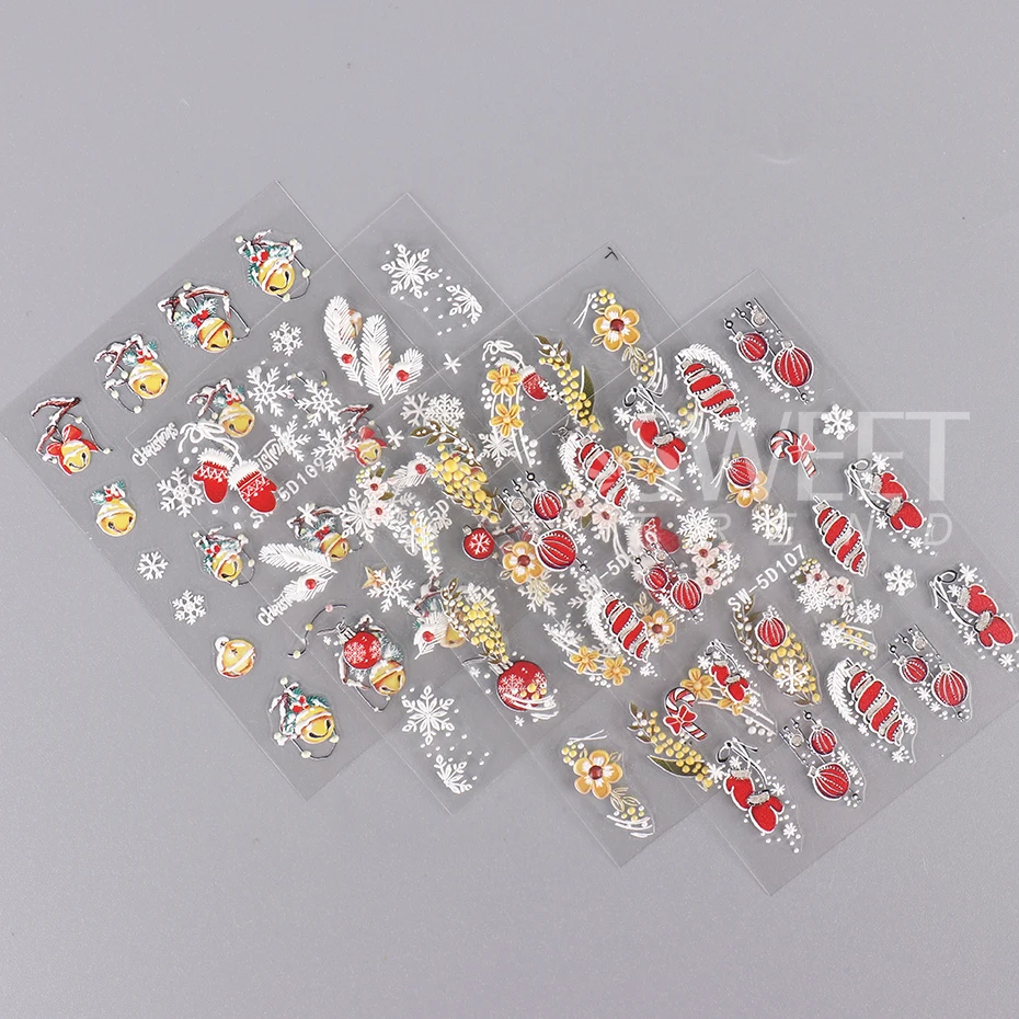 5d Reliëf Kerst Nagelstickers Rood Goud Glitter Handschoenen Bel Sneeuwvlokken Ontwerp Slider Stickers 2023 Winter Manicure Decoratie