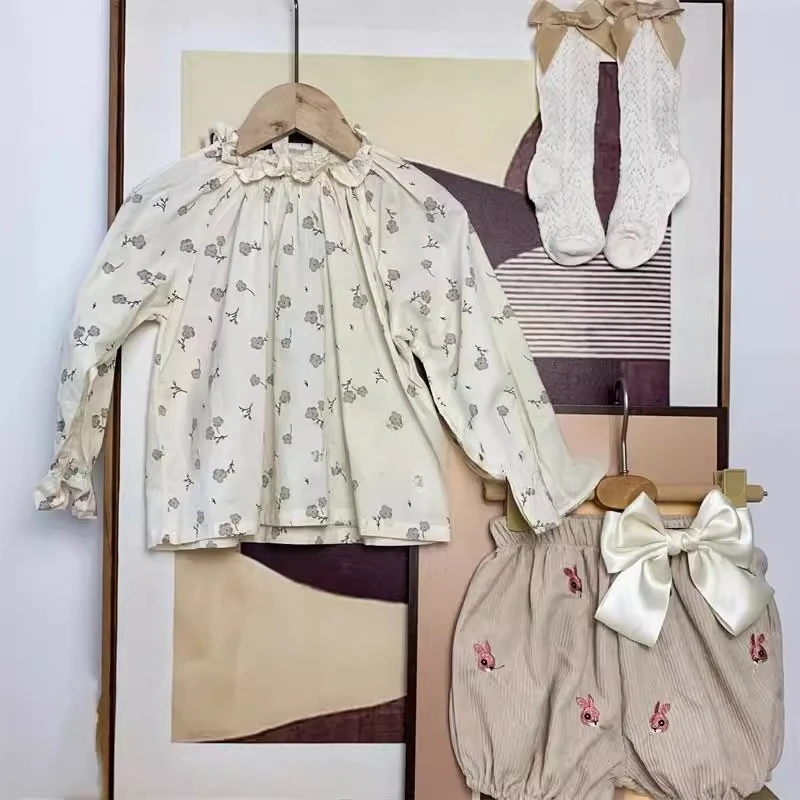 Spanish Baby Girls Fashionable Boutique Set - Handmade Ins Clothing with Lotus Leaf Collar Top Pants And Socks Sweet Children's
